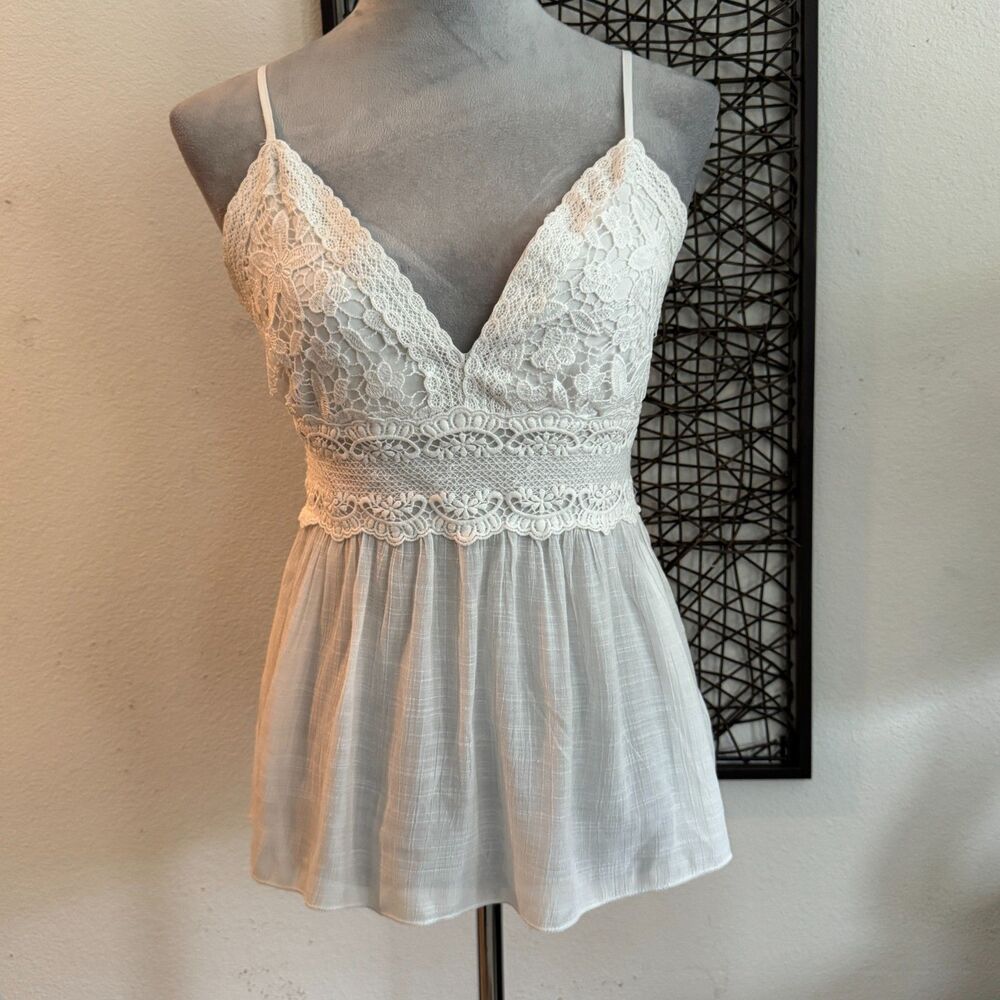 Rebellion Again White Lace Babydoll Cami Top Y2K Boho Fairycore Smocked